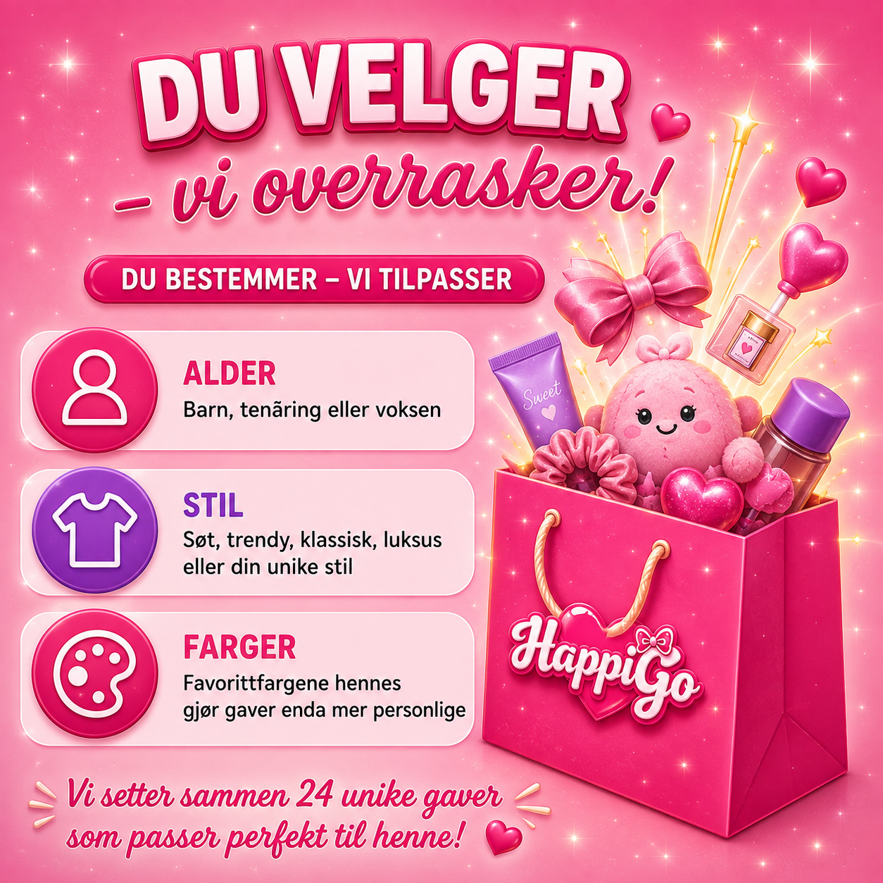 Personlig adventskalender 2026 til barn, tenåring og dame – tilpasset alder, stil og favorittfarger