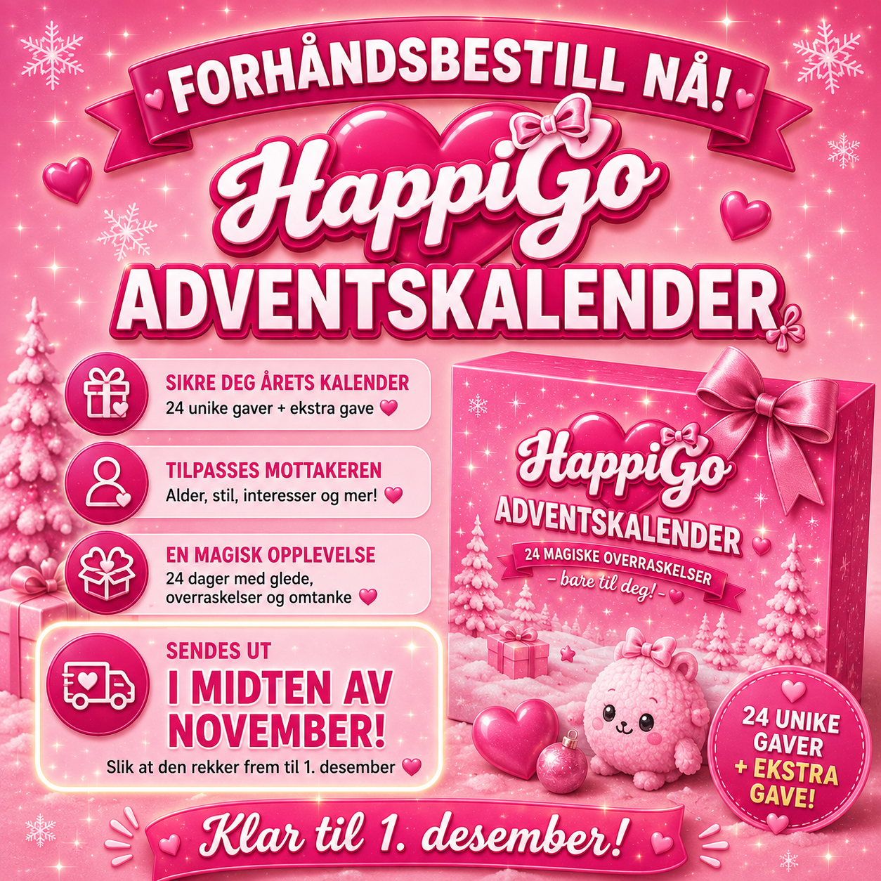 HappiGo Adventskalender 2026 forhåndsbestilling – 24 unike gaver og ekstra gave, sendes i midten av november